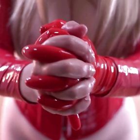 Short Red Latex Rubber Gloves Fetish. Full HD Romantic Slow Video of Kinky Dreams. Topless Girl.