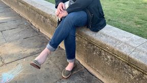 Candidly-Shot Dipping and Dangling Shoeplay on Walk in Cambridge