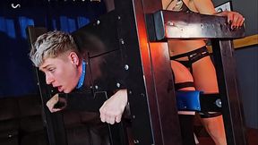 Trans domme beats and fucks FtM in Pillory - Jaq Quicksilver and Cherry Mavrik - MtF dominatrix puts trans man in bondage for punishment - T4T, stocks, BDSM, ts, spanking, facefuck