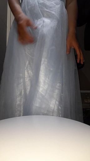 Captivating moment from "Crossdresser Cumshot Wearing Blue Bridesmaid Dress"