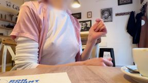 Extremely sexy white sheer blouse exposing my big hard pierced nipples in a coffee shop