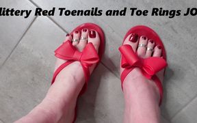 Glittery Red Toenails and Toe Rings JOI