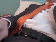 Gray suit orange tie masturbation cumshot businessman