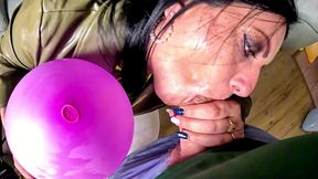 dominant leather milf giant balloon popping. deepthroat, riding, doggy and double cum