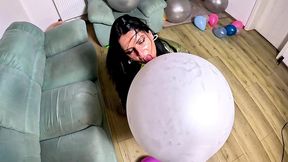 dominant leather milf giant balloon popping. deepthroat, riding, doggy and double cum