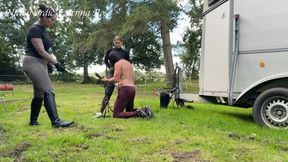 2 riding mistresses show the cleaning boy where he belongs