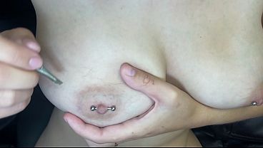 Pulling hair with tweezers on natural tits! Pain!