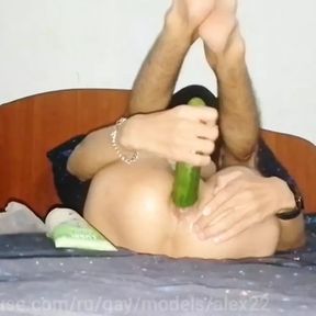 The cucumber fell into my ass, I had a strong orgasm from the huge vegetable!