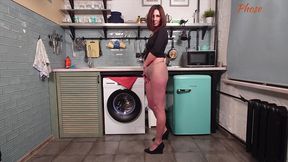 eva black lifts her tight dress showing her long legs in pantyhose and rubs pussy
