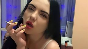 Slim Brunette in Black Smoking a Cigarette on Webcam