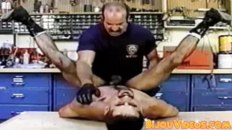 Vintage cop with big cock bareback fucks biker over desk