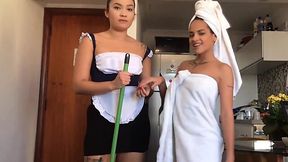 Maid blows Cock and lick my wife's Pussy in POV