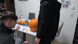 Gay boys have fun: We fuck the Halloween Pumpkin and cum on it