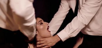 Two thick cocks destroy Emily Willis tight holes in wild spit roast