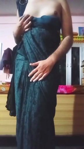 Indian Gay Crossdresser Bottom Pressing and Playing with Her Big Boobs in Black Saree Real Homemade XXX Sex