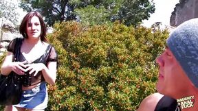 Blonde babe gets guitarist's fingers deep inside, then swallows his creamy ejaculation in the open air