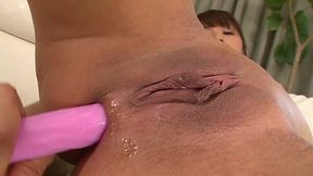 Cute all nude busty Japanese gal Marika uses two toys for masturbation