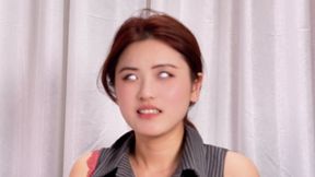 Bitch with white contact lenses explores her world with white stockings feet