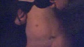 Beautiful black haired lady flashes her soaking pussy for me