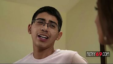 Busty Latina MILF gives stepson a deepthroat blowjob before doggy style