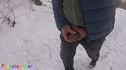 I hike through a dreamy, snowy forest in winter and masturbate my cock with a ring around it.