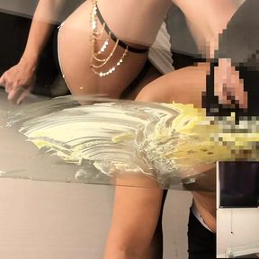 Japanese woman peeing barefoot through glass Food crush