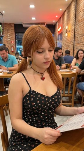 Red-haired woman reading menu at restaurant