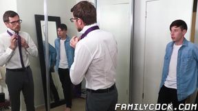 Stepdad with glasses makes his stepson bend over for him