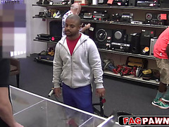 Black cute guy fucked in a hot gay threesome inside a pawn shop