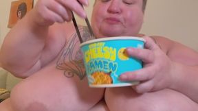 Topless SSBBW Slurps Up Noodles After Night Out