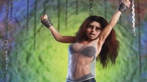 sexy dark haired muscled slave girl anime babe is chained and suspended in bdsm bondage watch her struggle