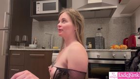 High heels slut in tight bodysuit sucking dick in kitchen
