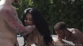 Lovely tbabe Eva Maxim receives spit roasting from two athletic dudes