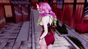 Playful Mitsuri Kanroji dancing and posing in skimpy dress without panties