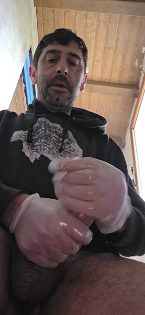 Straight Boy Jerks off on the Construction Site with Latex Gloves.