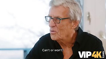 Grey-haired cuckold doesn't disturb his youn busty wife while she fucks with young guy