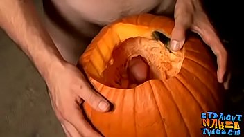 Deviant straight guys are fucking a pumpkin and masturbating