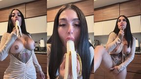 kitchen cumslut solo - banana deepthroat to dripping pussy play