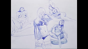 Ballpoint pen drawing  naked girls  With big boobs , sexy , HOT !