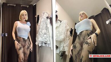 Blonde with big Tits Try on haul Clothes in Mall. Milf in Fitting Room