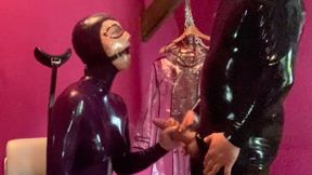 Rubbermissy in fully rubberised tied off gagged and driven to orgasm eating cock orgasmus in latex