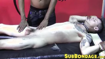 Dominant Mikeal dominates submissive Chad in rough bondage play
