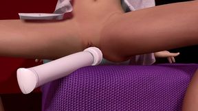 asian sits on a magic wand vibrator.
