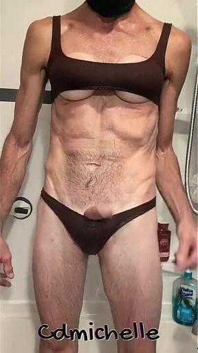 Cdmichelle in the Shower Wearing Sexy Brown Thong Swimsuit