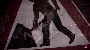 A super slutty brunette girl was banged by these two lucky studs on the bench