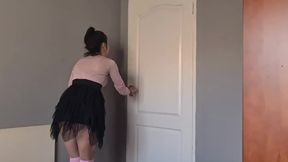 Skinny girl sucking dick through a gloryhole and stripping her clothes