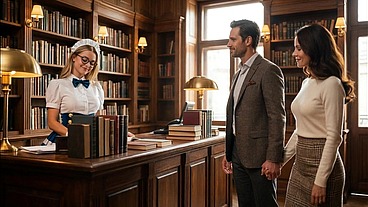 A married couple arrives at the library and the woman at the reception is a slut who loves to fuck married men, so the woman accidentally fucks him - porn in Spanish - audio in Spanish
