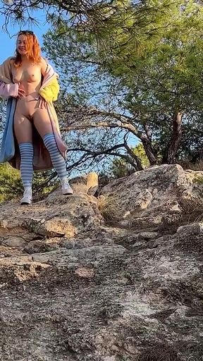 Naked Outdoor Walk with Coat in Mountains!