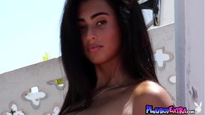 Sassy Latina teen Katherinne Sofia basking and soothing her heated skin