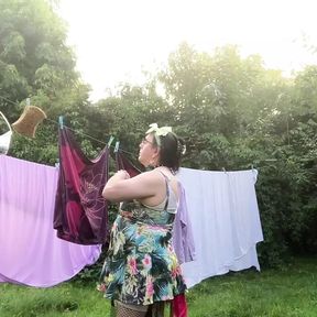 In outfit with a small short floral dress to pick up the laundry